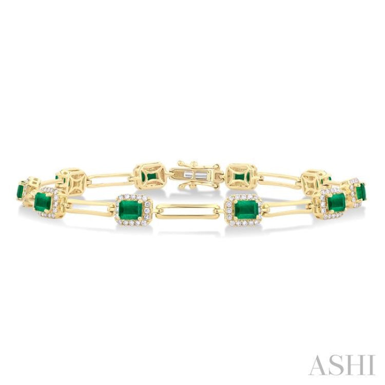 4x3 MM Emerald and 5/8 Ctw Round Cut Diamond Halo Precious Open Link Bracelet in 14K Yellow Gold