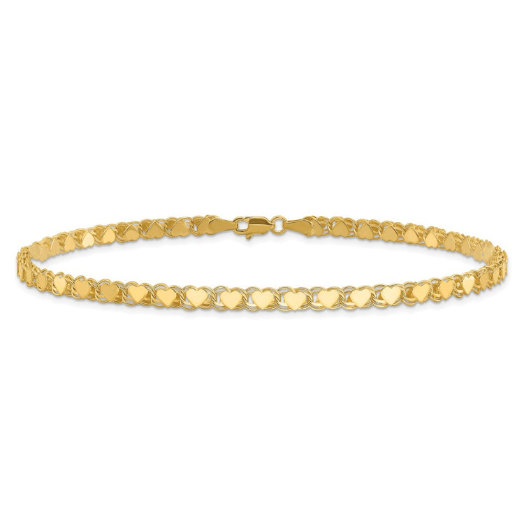 14k Polished Double-Sided Hearts Double Link 10 inch Anklet