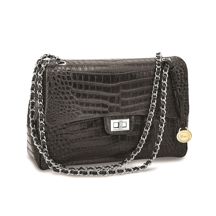 Luxury Giftware by Jere Top Grain Leather Croc Texture Black Chain Strap Handbag with Zip Pocket, 2 Slip Pockets, and Key Fob