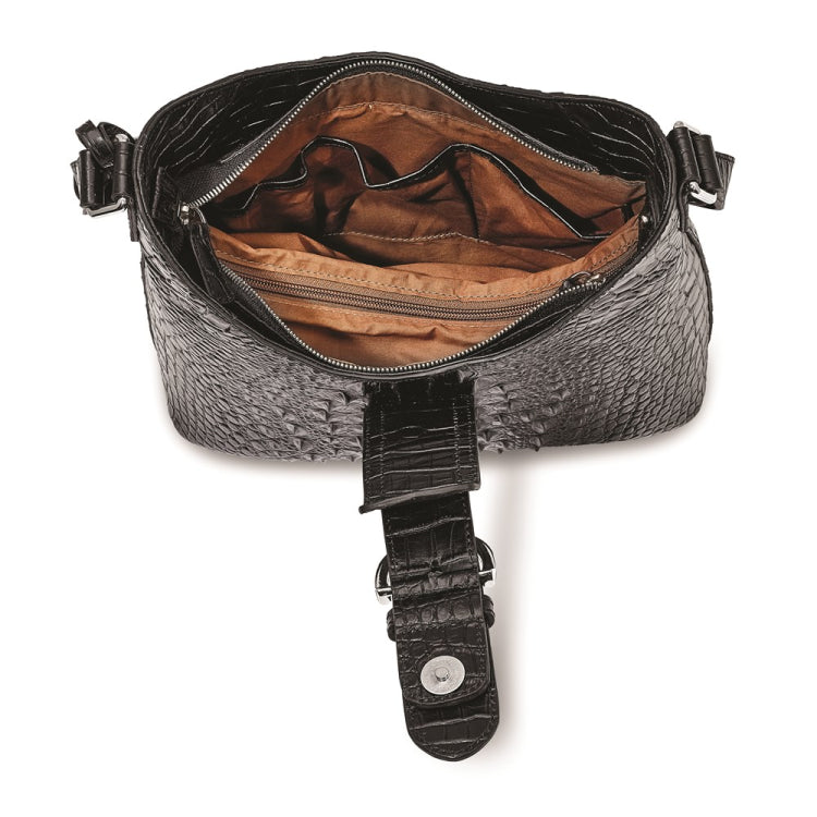 Luxury Giftware by Jere Top Grain Leather Croc Texture Black Zip-Top Handbag with Adjustable Strap, 2 Zip Pockets, 2 Slip Pockets, Key Fob Holder