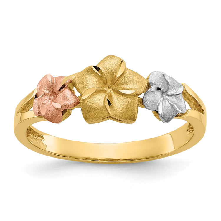 14k Tri-color Three Plumeria Flowers Ring