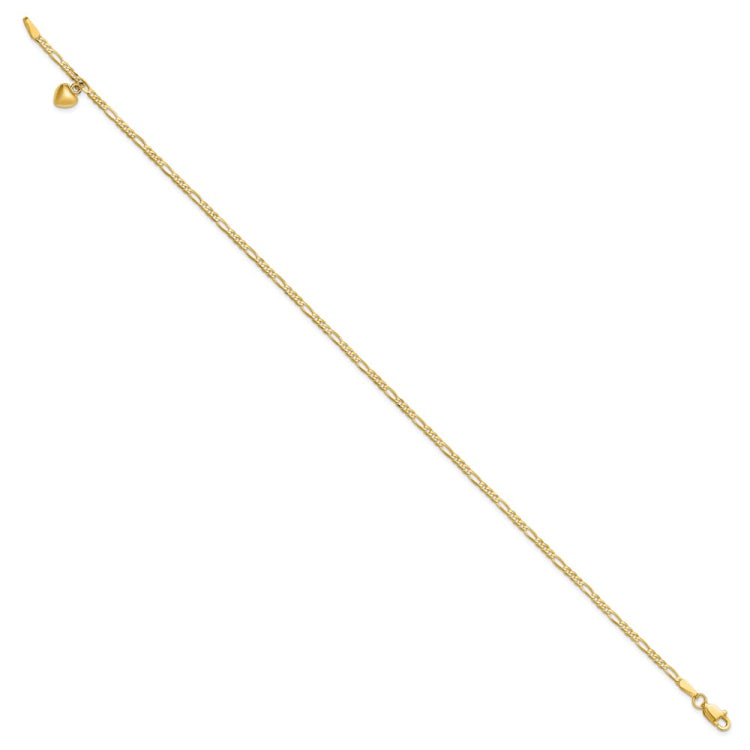 14k Figaro Link Chain with Dangling Puffed Heart 9 inch Anklet