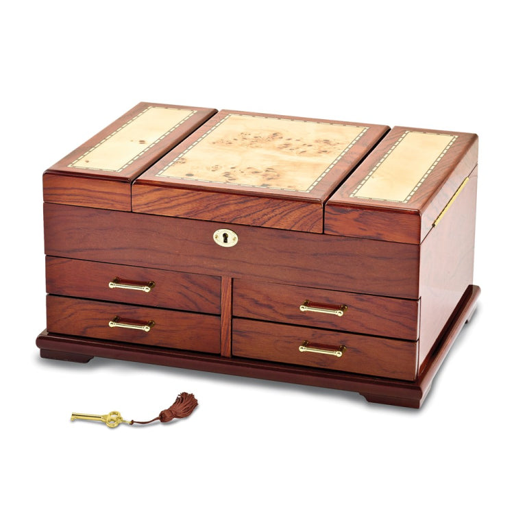 Luxury Giftware by Jere High Gloss Bubinga Veneer w/Mapa Burl and Scrolled Inlay Fold-out Top 4-drawer Locking Wooden Jewelry Box