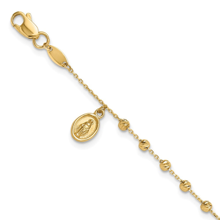 14K Polished and Diamond-cut Miraculous Medal and Cross 7.5 inch Rosary Bracelet