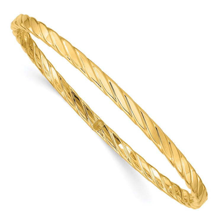 14K Polished Textured Twist 4.00mm Slip-on Round Bangle Bracelet