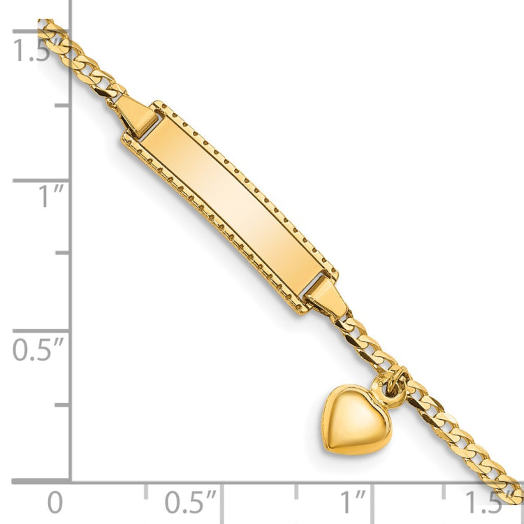 14k Polished Solid Chain/Solid Plate Heart Dangle Curb Link 21x5mm Plate 6 inch Baby/Child ID Bracelet