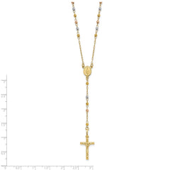 14K Tri-color Polished Crucifix and Miraculous Medal with Faceted Beads 24 inch Rosary Necklace