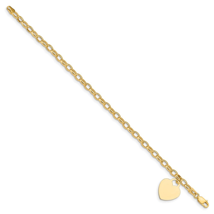 14k Engravable 19x15mm Solid Dangle Heart Charm and Hollow Chain 7.5 inch Bracelet