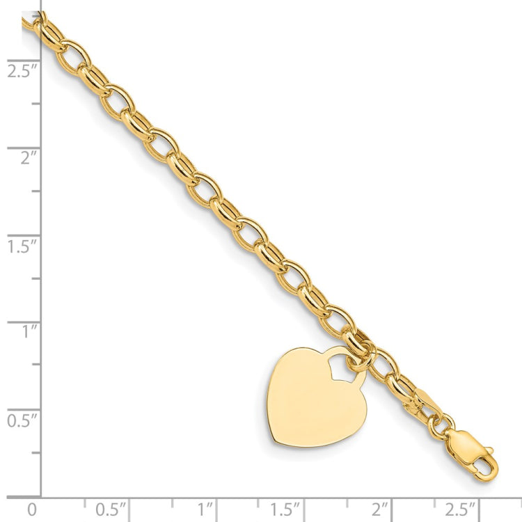 14k Engravable 19x15mm Solid Dangle Heart Charm and Hollow Chain 7.5 inch Bracelet