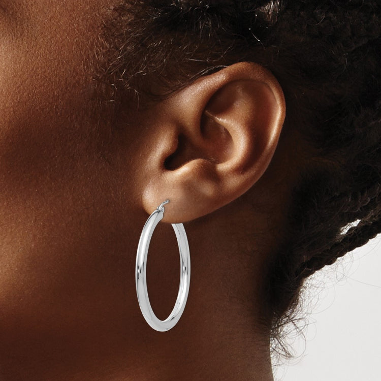 14K White Gold 3x35mm Polished Lightweight Tube Hoop Earrings
