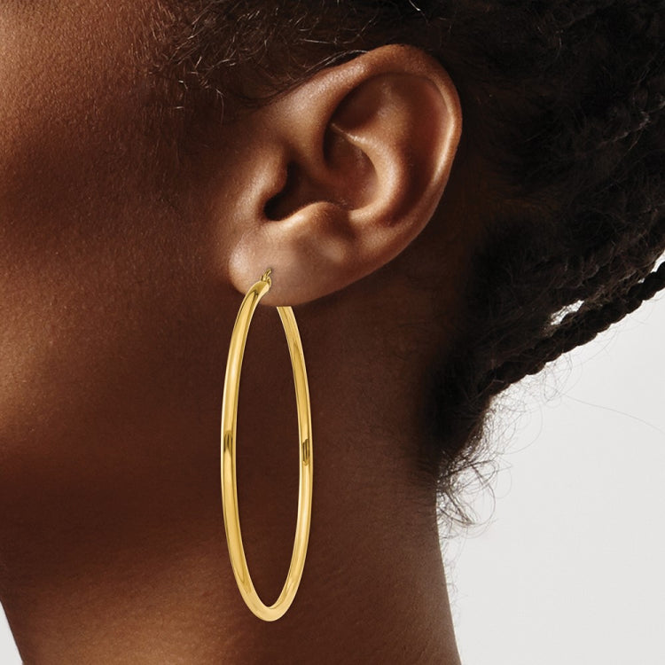 14K 2.5x60mm Polished Lightweight Tube Hoop Earrings