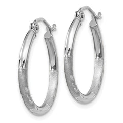 14k White Gold 2x20mm Satin Diamond-cut Round Tube Hoop Earrings