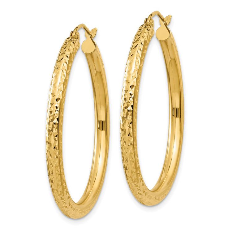 14k 3x35mm Diamond-cut Round Tube Hoop Earrings