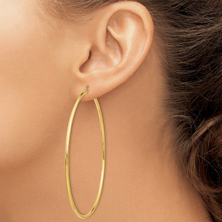 14k 2x75mm Polished Round Tube Hoop Earrings