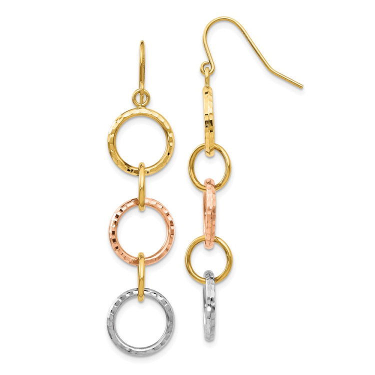 14k Tri-Color Diamond-Cut Circles Dangle French Hook Earrings