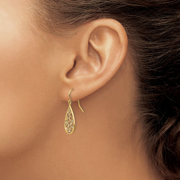 14k and White Rhodium Polished Swirl Teardrop Dangle French Hook Earrings