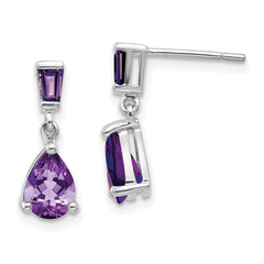 14k White Gold Pear/Baguette Amethyst Dangle Post Earrings