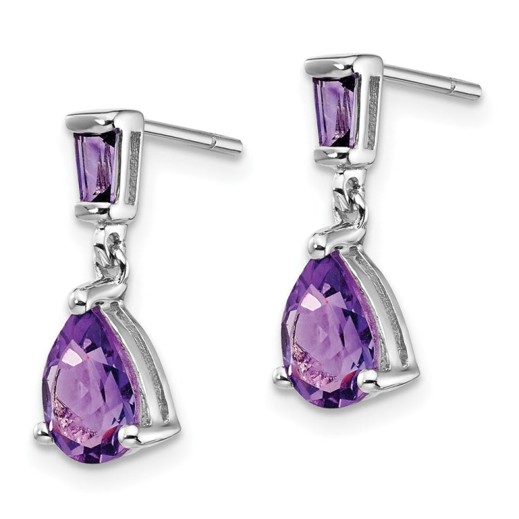 14k White Gold Pear/Baguette Amethyst Dangle Post Earrings