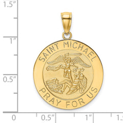 14k Polished and Satin Large St. Michael Medal Round Pendant