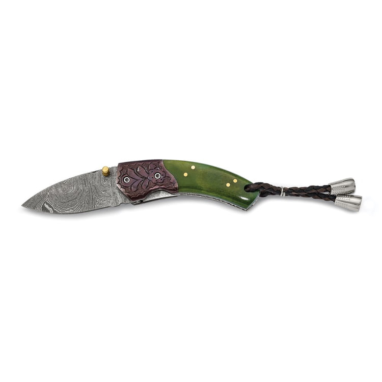 Luxury Giftware Damascus Steel 256 Layer Folding Blade Tinted Camel Bone Handle Knife with Leather Sheath and Wooden Gift Box