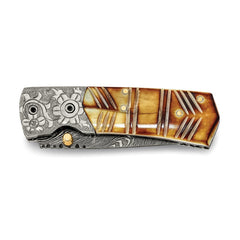 Luxury Giftware Damascus Steel 256 Layer Folding Dyed and Carved Camel Bone Handle Knife with Leather Sheath and Wooden Gift Box