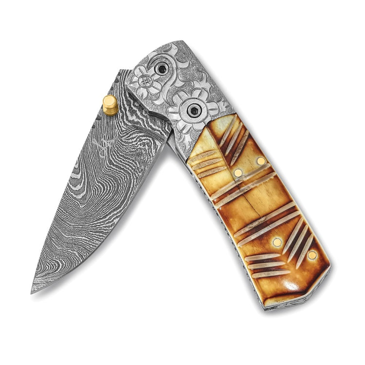 Luxury Giftware Damascus Steel 256 Layer Folding Dyed and Carved Camel Bone Handle Knife with Leather Sheath and Wooden Gift Box