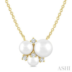 4 MM,5 MM & 6 MM Cultured Pearl and 1/20 Ctw Round Cut Diamond Fashion Pendant With Chain in 10K Yellow Gold