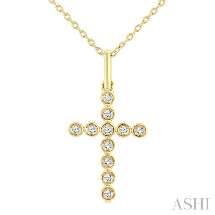 1/10 Ctw Round Cut Diamond Bezel Set Cross Petite Pendant With Chain in 10K Yellow Gold