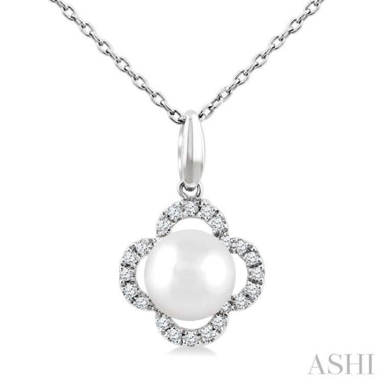 6 MM Cultured Pearl and 1/10 Ctw Round Cut Diamond Clover Petite Fashion Pendant With Chain in 10K White Gold