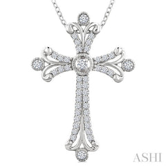 1/3 Ctw Cross Round Cut Diamond Fashion Pendant With Chain in 14K White Gold