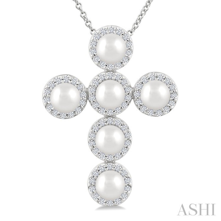 4 MM Cross Cultured Pearl and 1/3 Ctw Round Cut Diamond Pendant With Chain in 14K White Gold