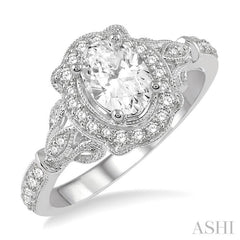 1/3 Ctw Lattice Oval Shape Semi-Mount Round Cut Diamond Engagement Ring in 14K White Gold