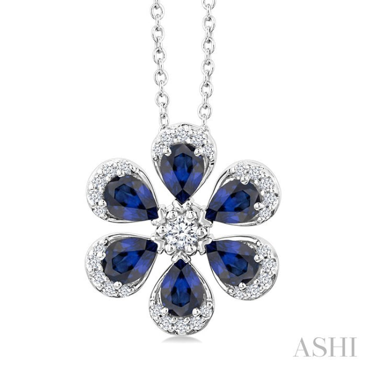 4X3 MM Floral Blossom Pear Cut Sapphire and 1/6 Ctw Round Cut Diamond Precious Pendant With Chain in 14K White Gold