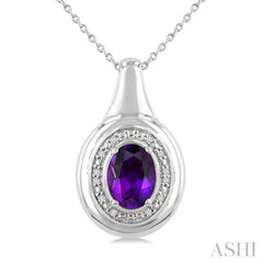 8X6 MM Oval Shape Amethyst and 1/20 Ctw Round Cut Diamond Semi-precious Pendant With Chain in Sterling Silver