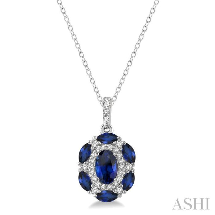 6x4 MM Oval Cut & 4x2 MM Marquise Cut Sapphire and 1/6 Ctw Round Cut Diamond Precious Pendant With Chain in 14K White Gold
