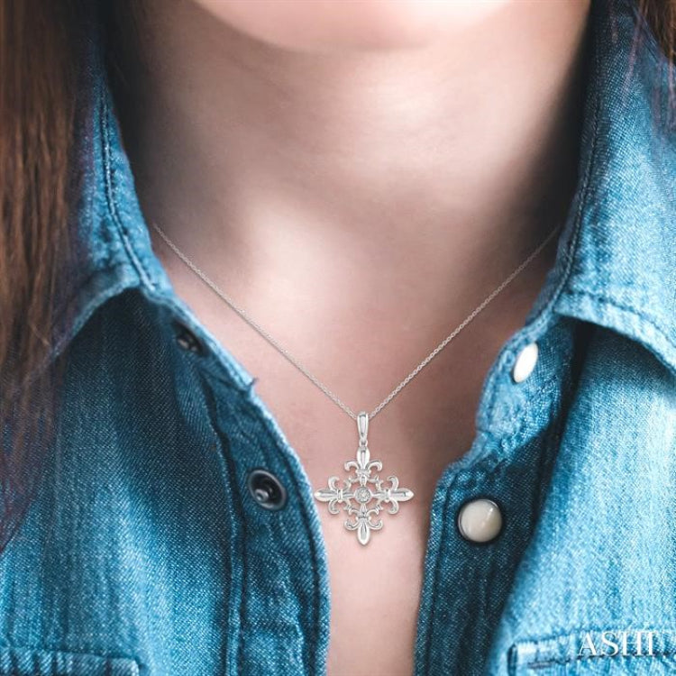 1/50 Ctw Fleur De Lis Round Cut Diamond Pendant With Chain in Sterling Silver