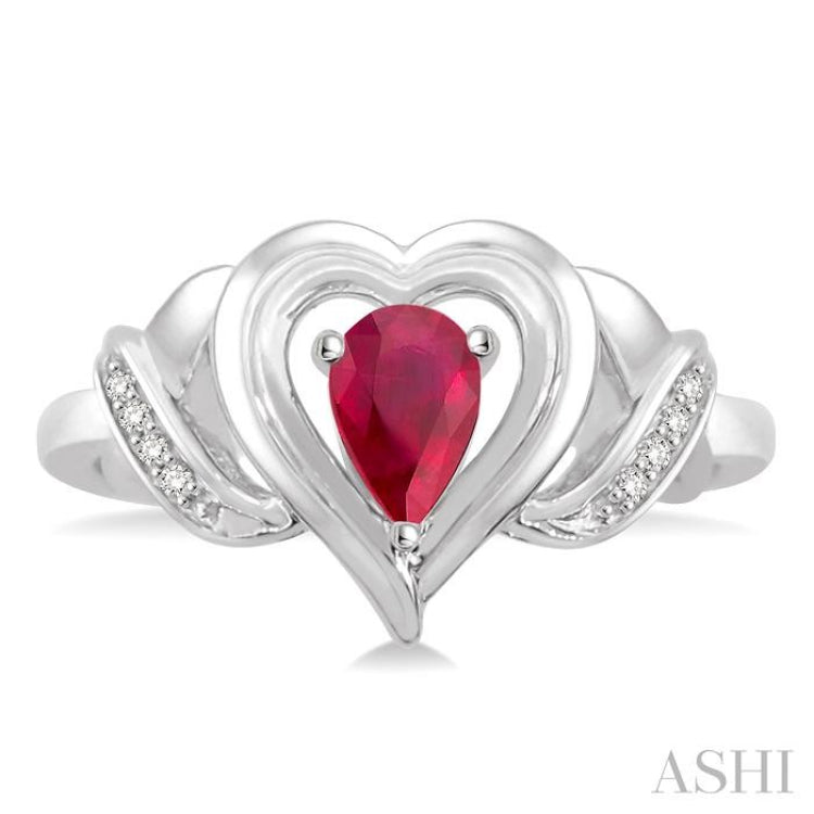 6x4 MM Pear Shape Ruby and 1/50 Ctw Round Cut Diamond Ring in Sterling Silver