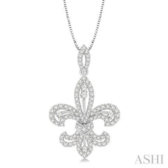 7/8 Ctw Round Cut Diamond Fleur De Lis Diamond Pendant in 14K White Gold with Chain