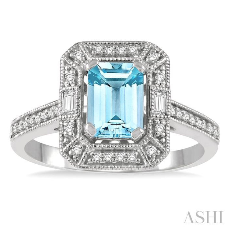 1/5 Ctw Emerald Shape 7x5MM Aquamarine, Baguette and Round Cut Diamond Precious Ring in 14K White Gold