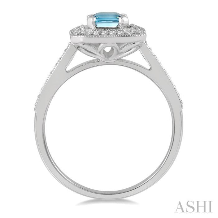 1/5 Ctw Emerald Shape 7x5MM Aquamarine, Baguette and Round Cut Diamond Precious Ring in 14K White Gold