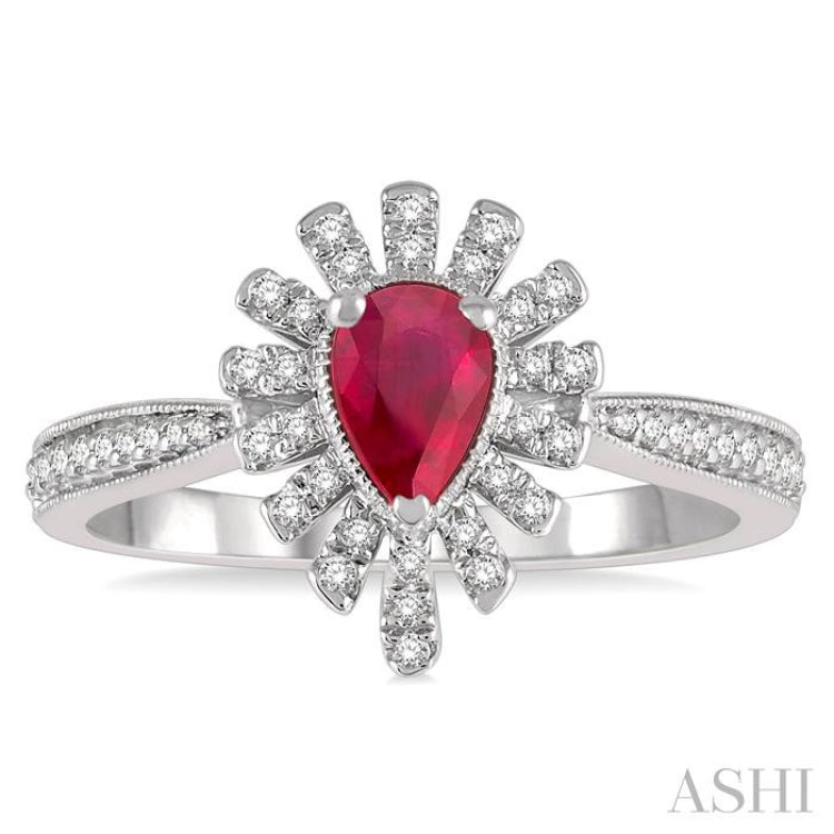 6x4 MM Lattice Pear Shape Ruby and 1/5 Ctw Round Cut Diamond Precious Ring in 10K White Gold