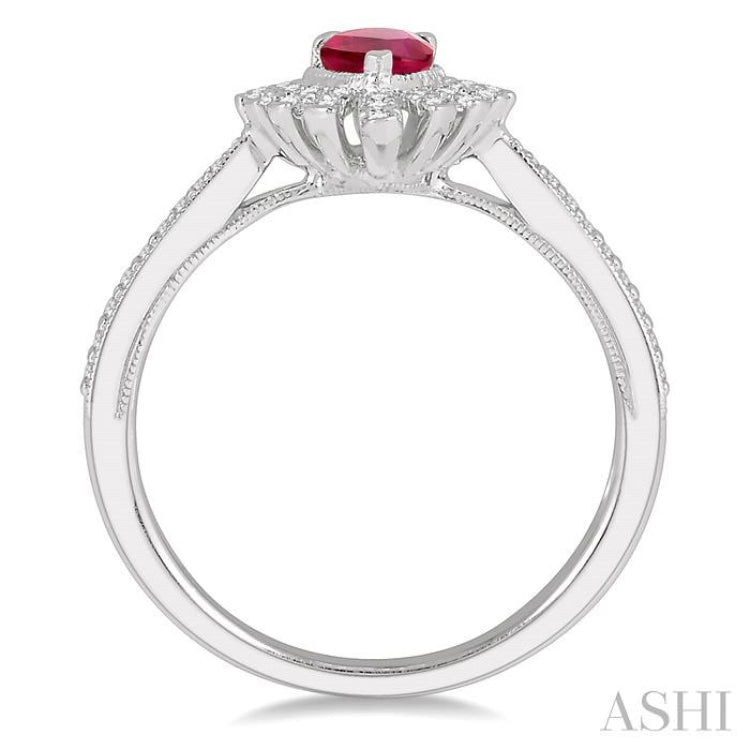 6x4 MM Lattice Pear Shape Ruby and 1/5 Ctw Round Cut Diamond Precious Ring in 10K White Gold