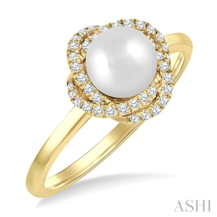 6 MM Cultured Pearl and 1/6 Ctw Round Cut Diamond Petite Fashion Ring in 10K Yellow Gold