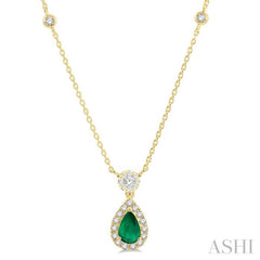6x4 MM Pear Cut Emerald and 1/3 Ctw Round Cut Diamond Lovebright Precious Necklace in 14K Yellow Gold