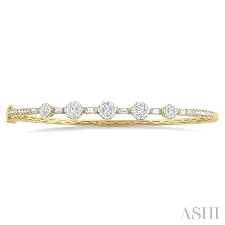 1 1/10 Ctw Lovebright Circular Mounts Baguette & Round Cut Diamond Bangle in 14K Yellow and White Gold