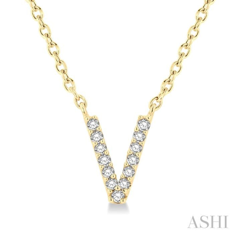1/20 Ctw Initial 'V' Round Cut Diamond Pendant With Chain in 10K Yellow Gold