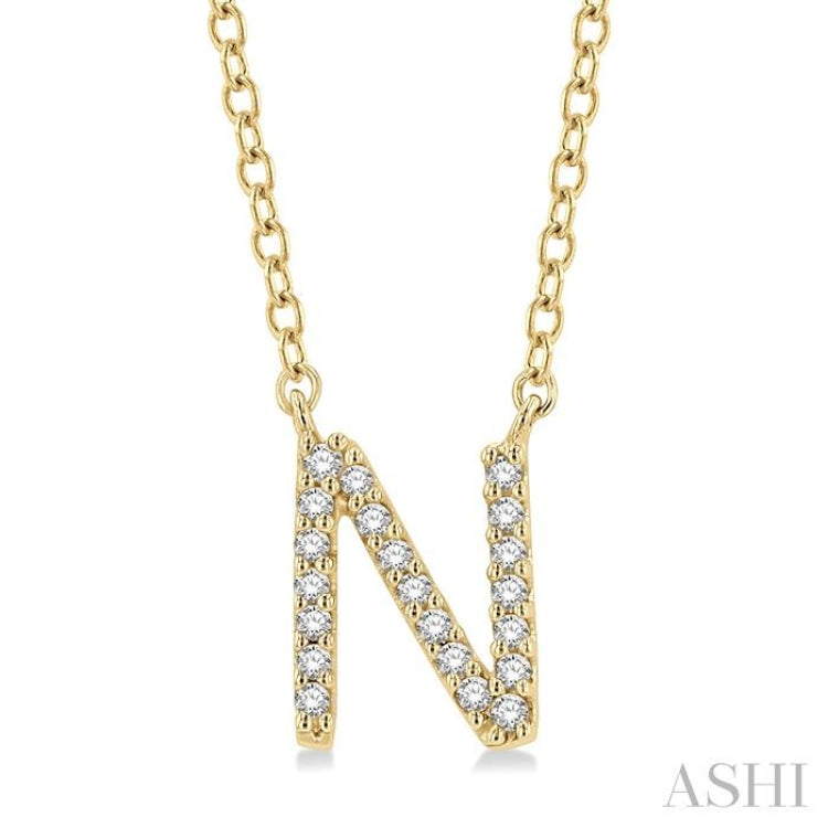 1/20 Ctw Initial 'N' Round Cut Diamond Pendant With Chain in 10K Yellow Gold