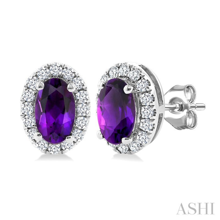 5x3 MM Oval Shape Amethyst and 1/8 Ctw Round Cut Diamond Halo Semi-Precious Stud Earrings in 10K White Gold