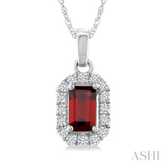 5x3 MM Octagonal Shape Garnet and 1/20 Ctw Round Cut Diamond Halo Semi-Precious Pendant with Chain in 10K White Gold