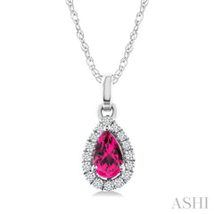 5x3 MM Pear Shape Pink Tourmaline and 1/20 Ctw Round Cut Diamond Halo Semi-Precious Pendant with Chain in 10K White Gold